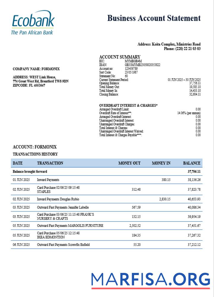 Printable South Sudan Ecobank firm account statement Word and PDF template